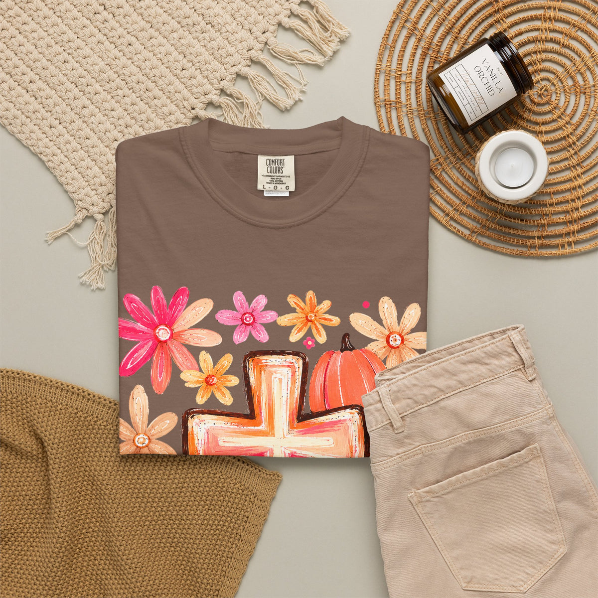 Christian Fall T-Shirt — Cross, Pumpkins & Flowers Autumn Tee