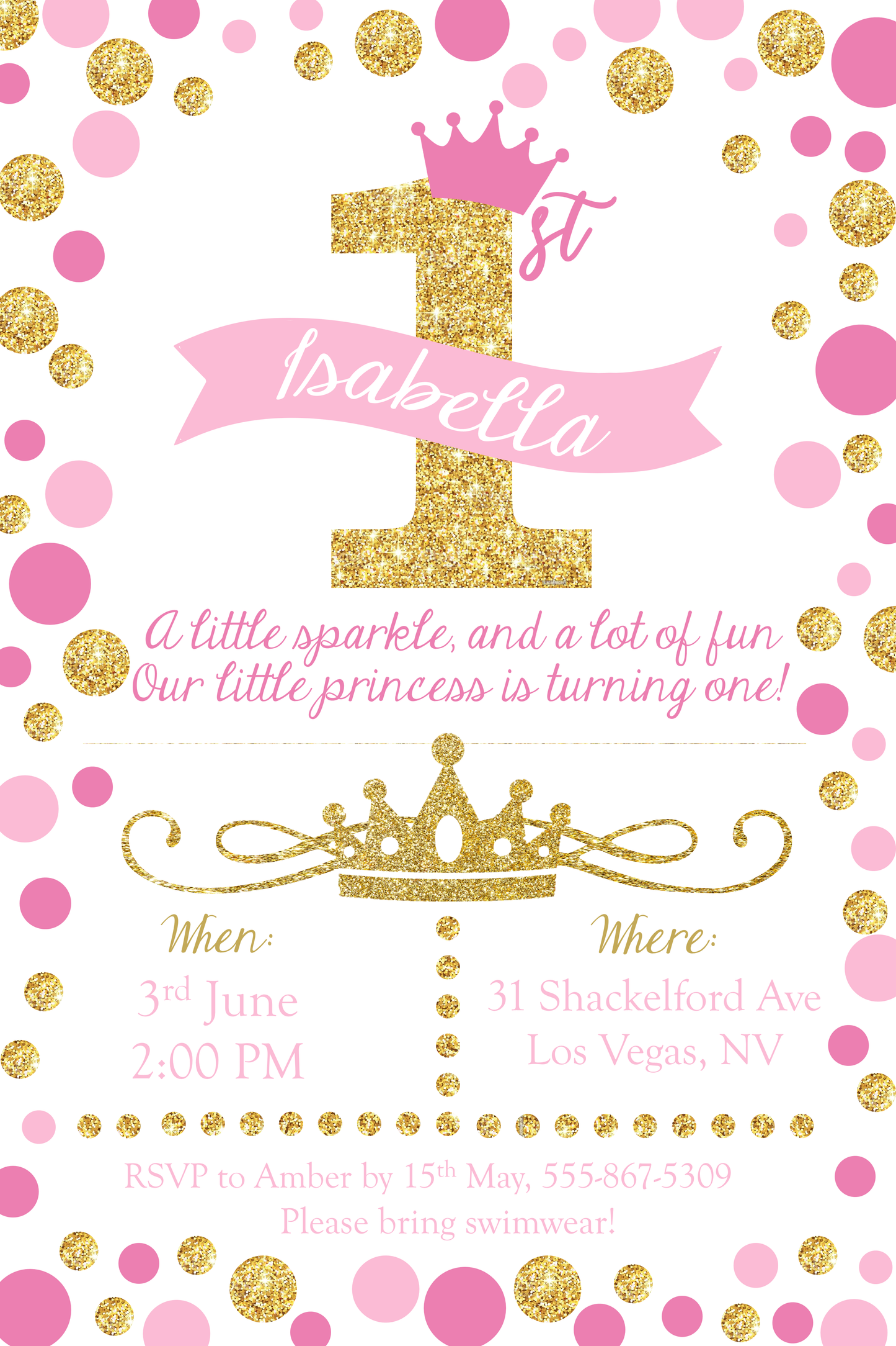 Pink and Gold First Birthday Invitation