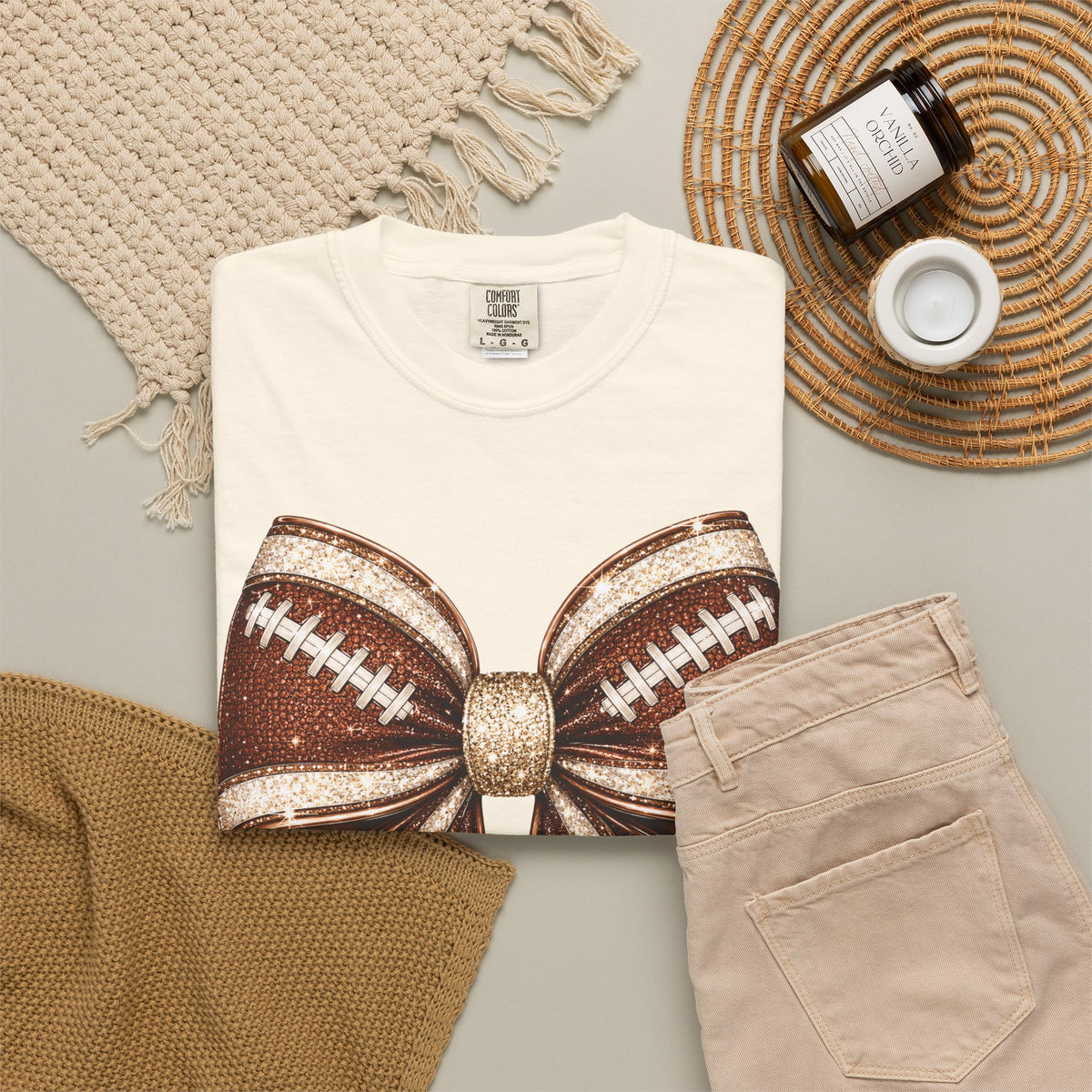 Football Bow T-Shirt — Glitter Brown Cheer & Game Day Tee
